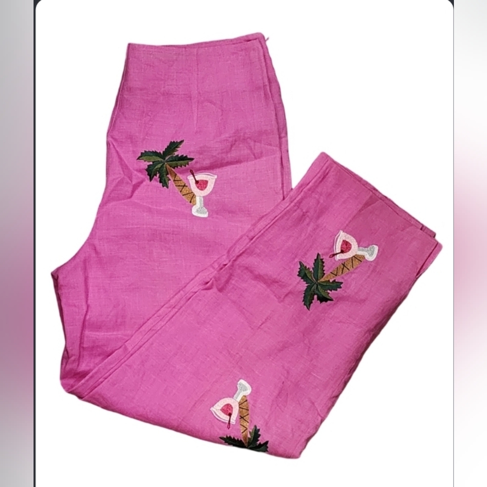 CJ Laing pink embroidered crop linen pants, size 4